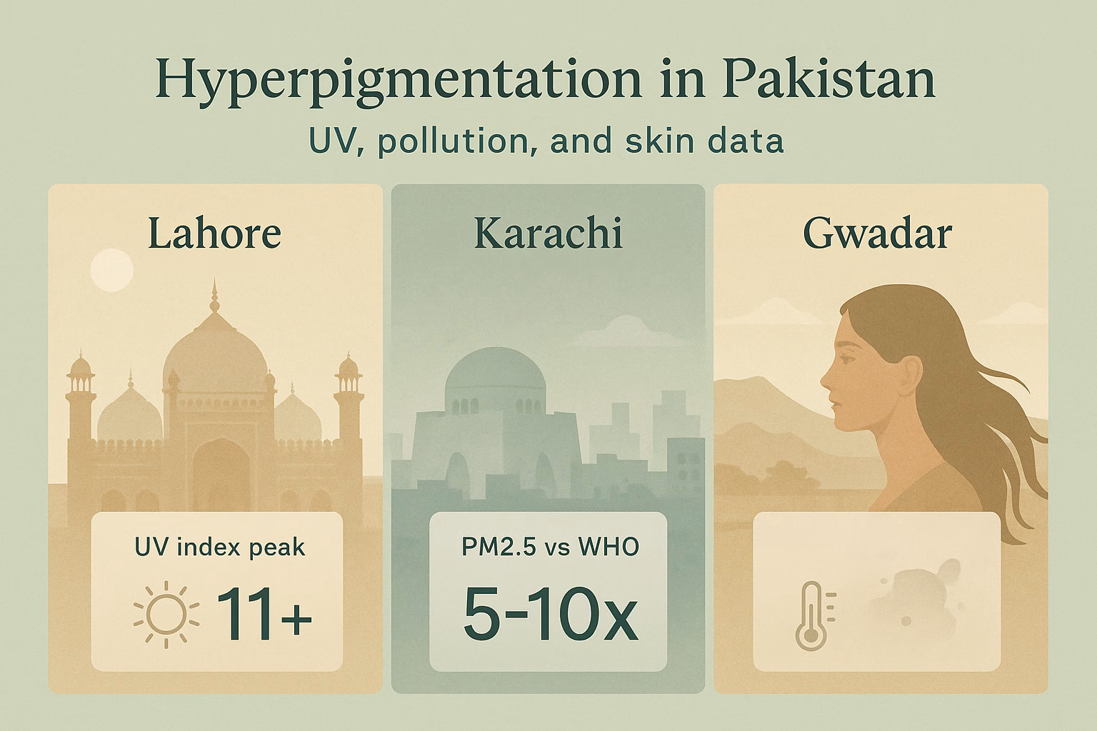 Infographic on hyperpigmentation in Pakistan with UV and pollution data