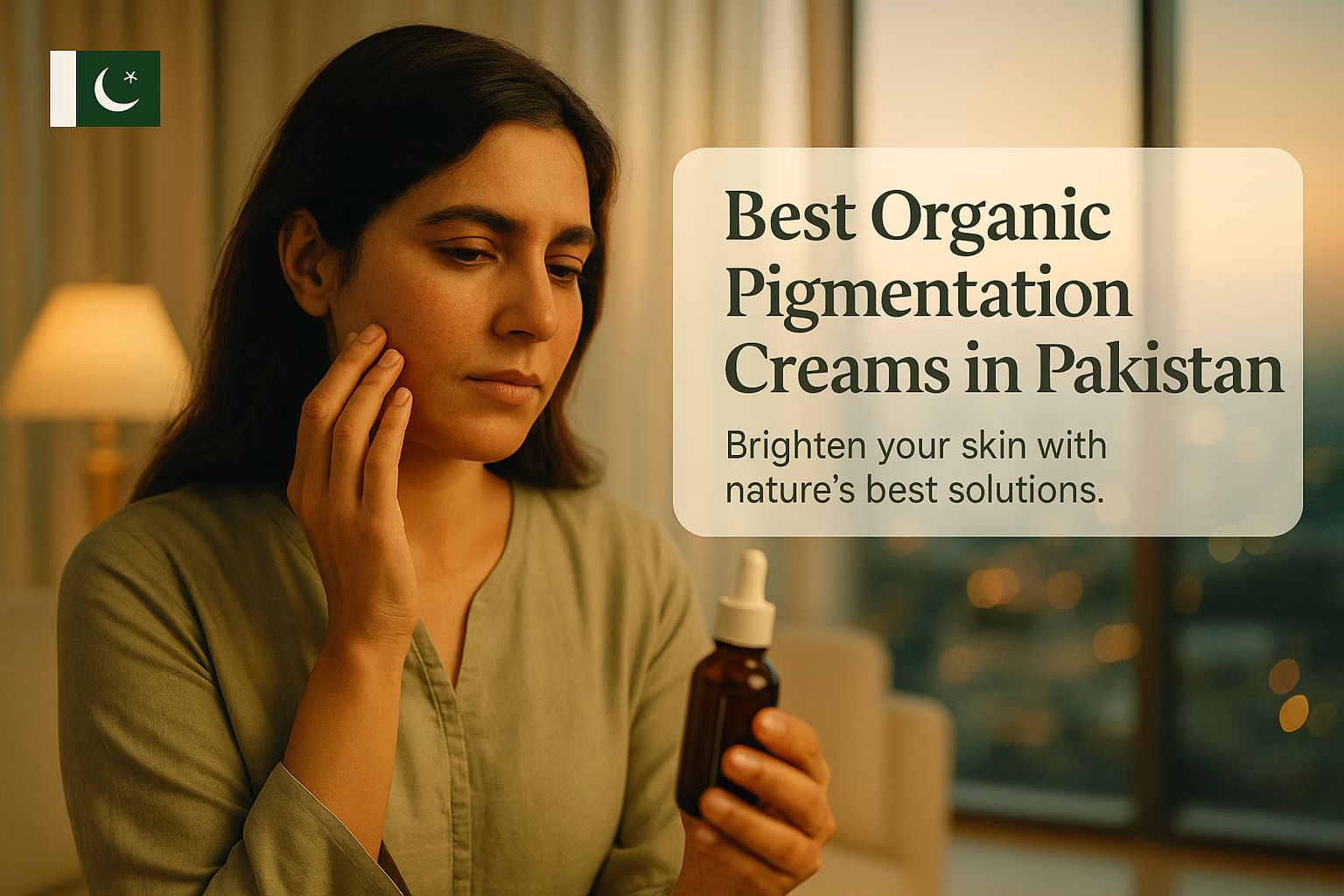 Pakistani woman in a penthouse examining organic pigmentation cream for brightening skin.