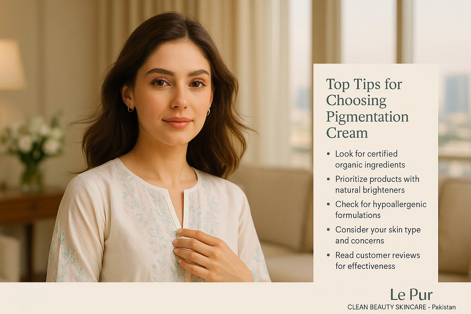 Model showcasing radiant skin in a luxury home interior, highlighting best organic pigmentation cream in Pakistan.