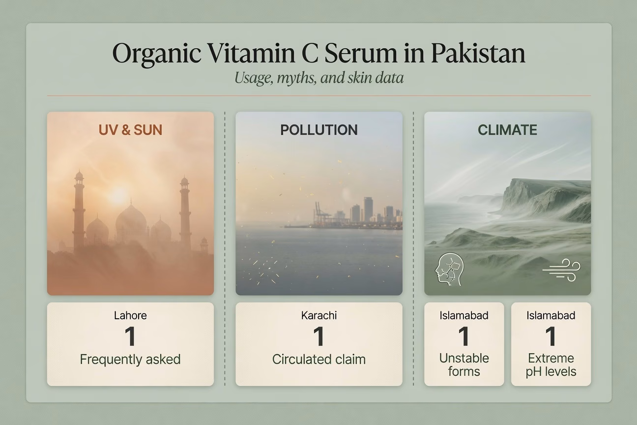 Organic vitamin c serum pakistan infographic with lahore karachi islamabad skin data