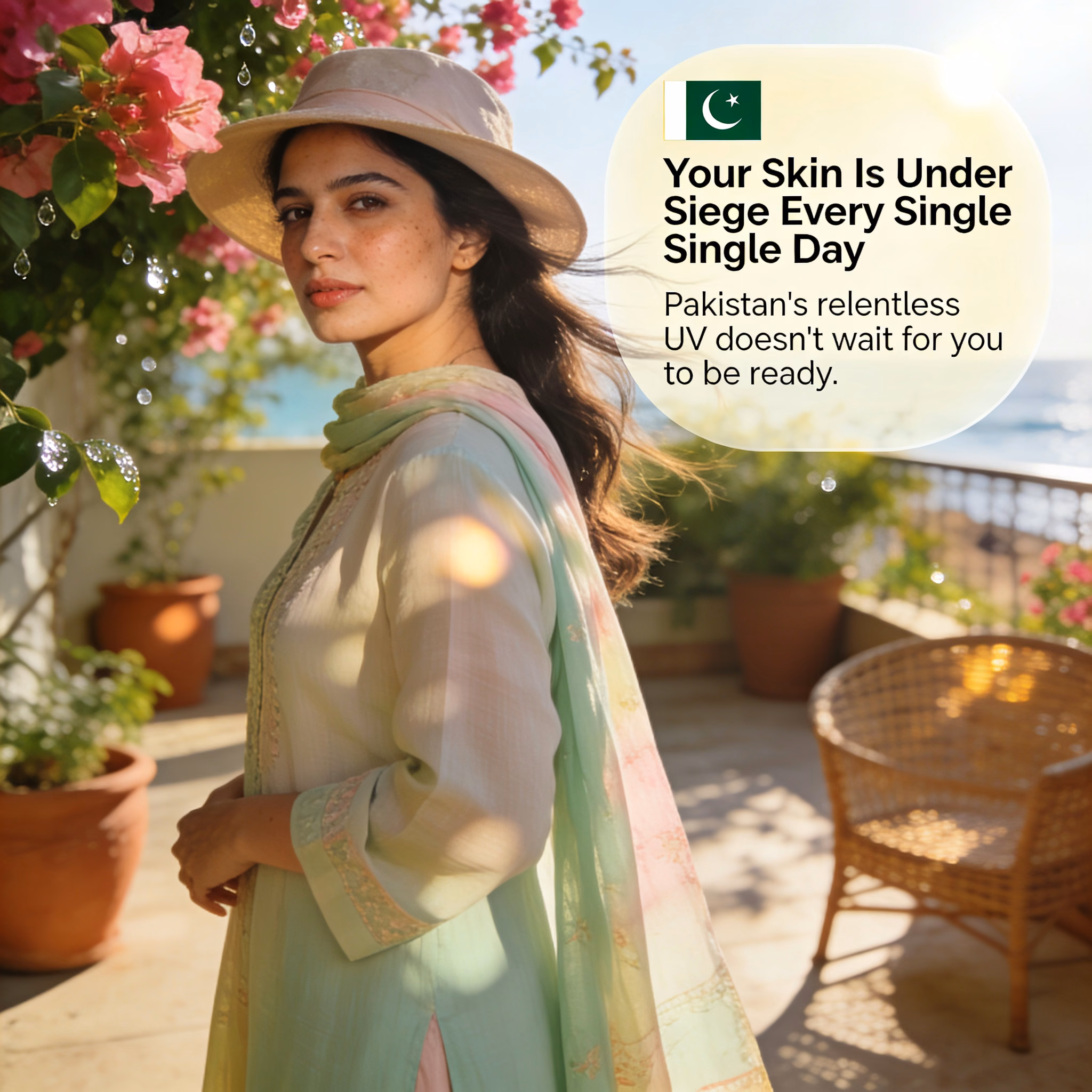 Pakistani woman on Gwadar garden terrace shielding eyes from sun, holding organic vitamin C serum bottle