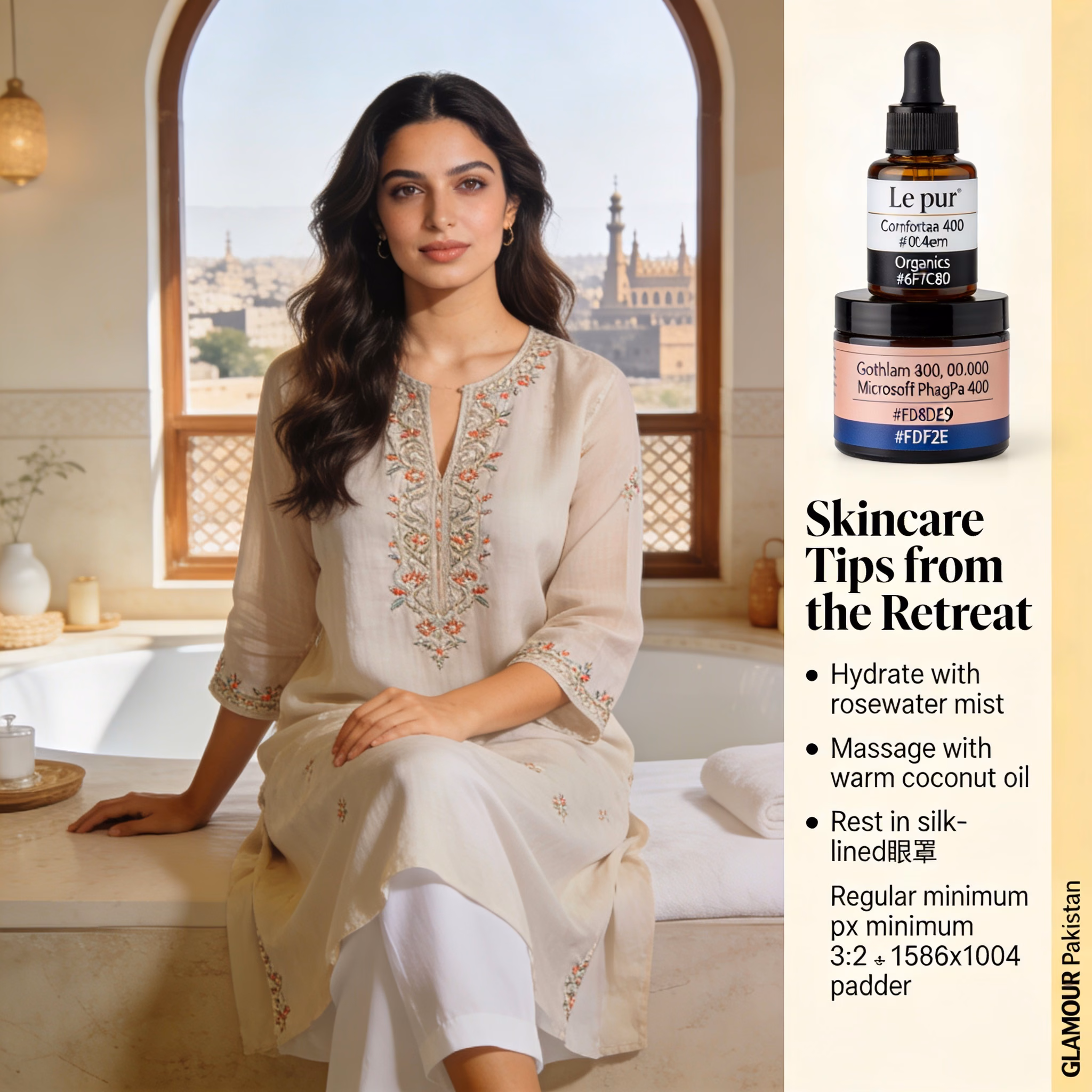 Woman enjoying a spa retreat while holding a vitamin C serum, showcasing radiant and glowing skin in a serene environment -