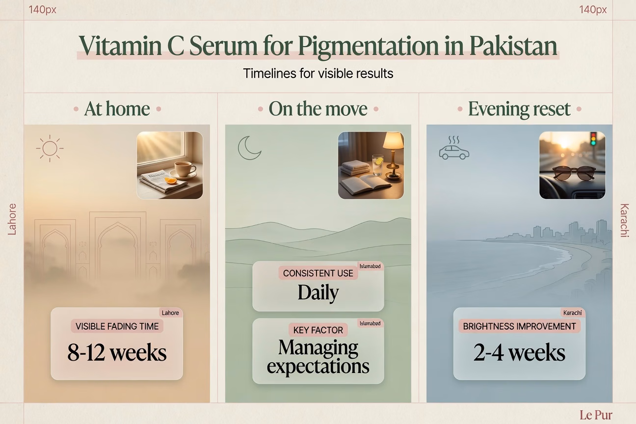 Vitamin C serum for pigmentation Pakistan infographic showing Lahore Karachi Islamabad timelines and results