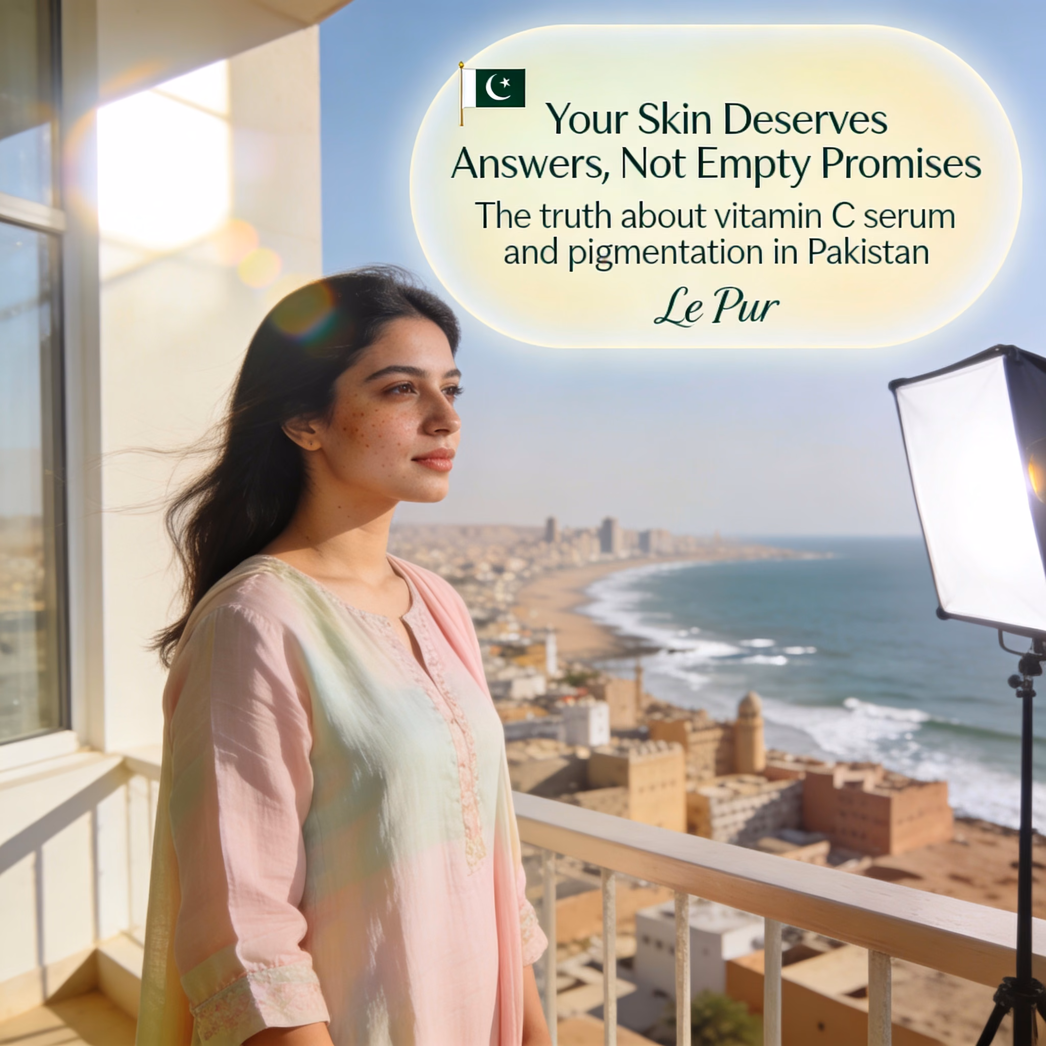 Pakistani woman on Gwadar balcony concerned about pigmentation and dark spots on her face in coastal sunlight