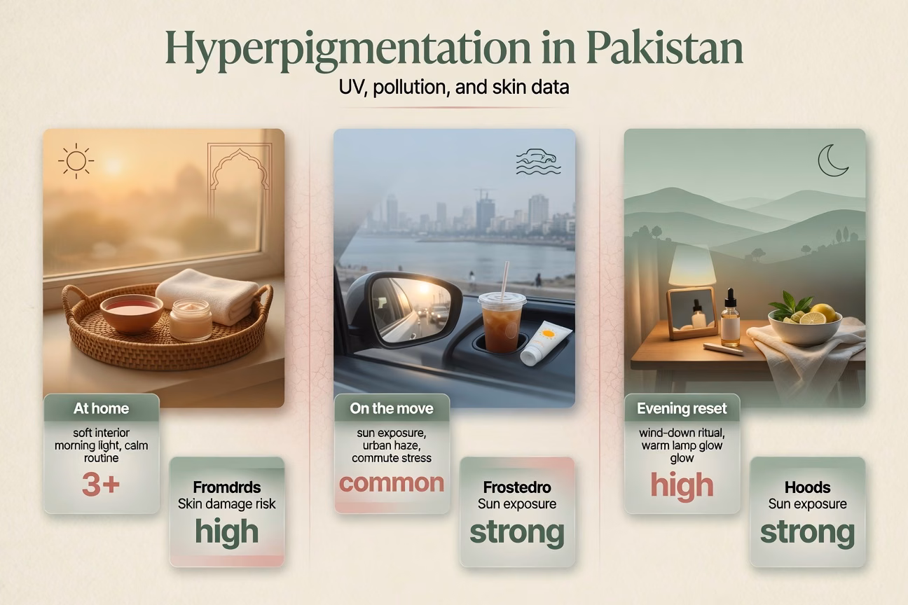 Vitamin C serum for dark spots Karachi clean beauty guide infographic with UV pollution skin data