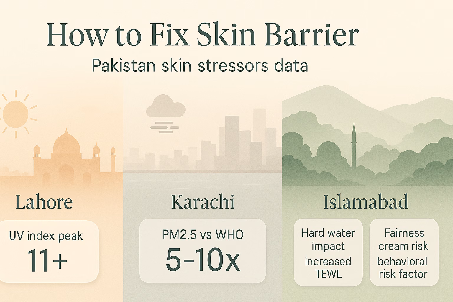 Infographic on how to fix skin barrier, highlighting Pakistan's skin stressors.