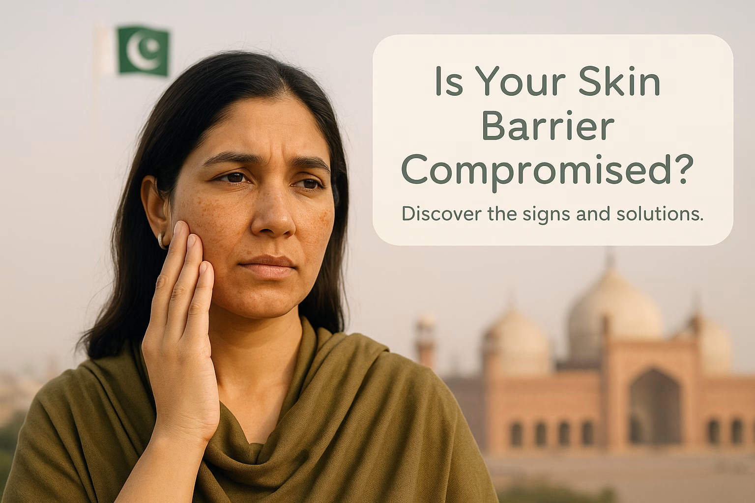How to fix skin barrier - fair Pakistani woman with uneven tone and hyperpigmentation on cheeks