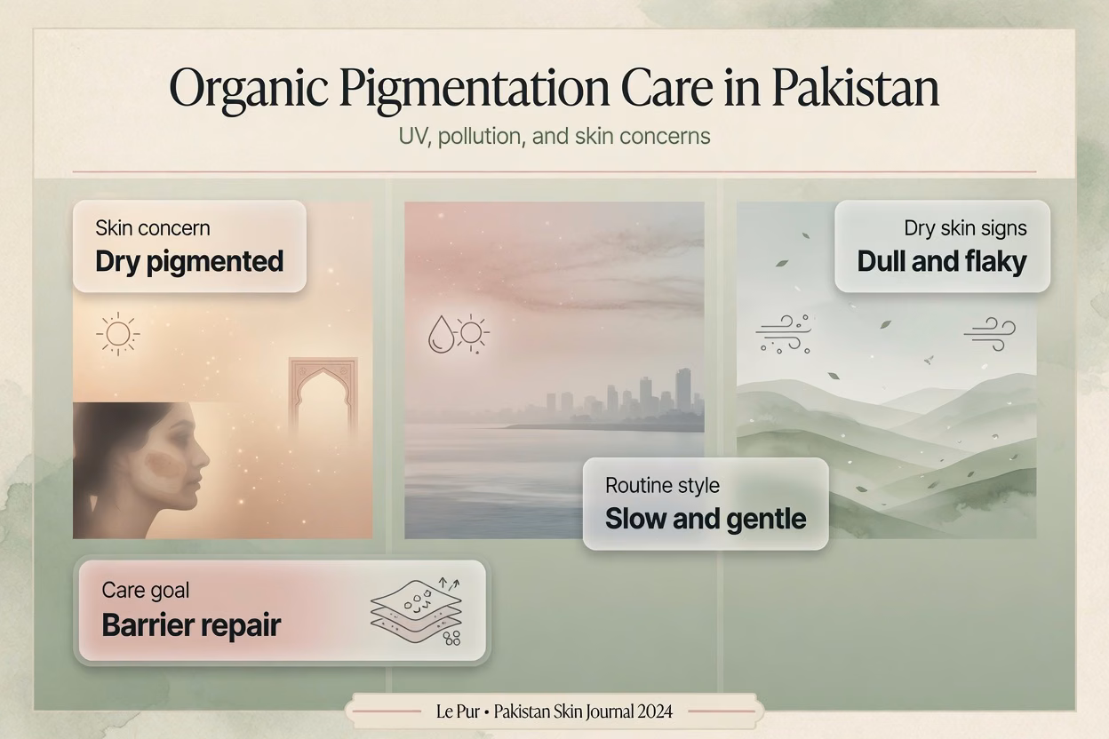 Organic pigmentation care infographic for Pakistani skin showing UV, pollution and gentle barrier repair
