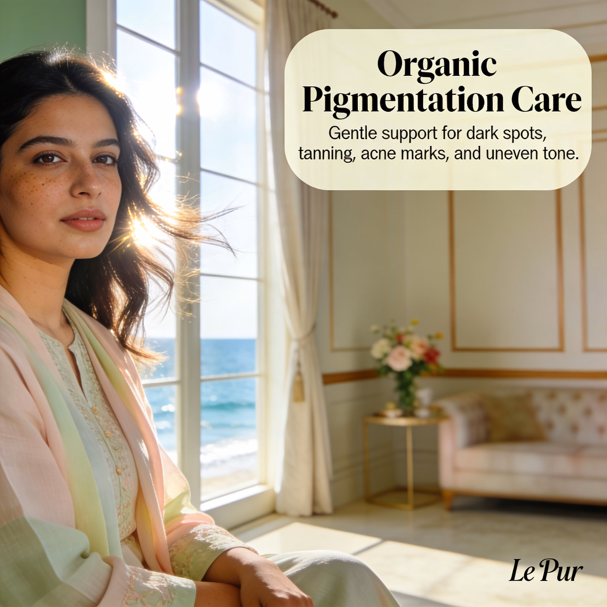 Pakistani woman in a Gwadar luxury home reflecting on pigmentation and uneven skin tone