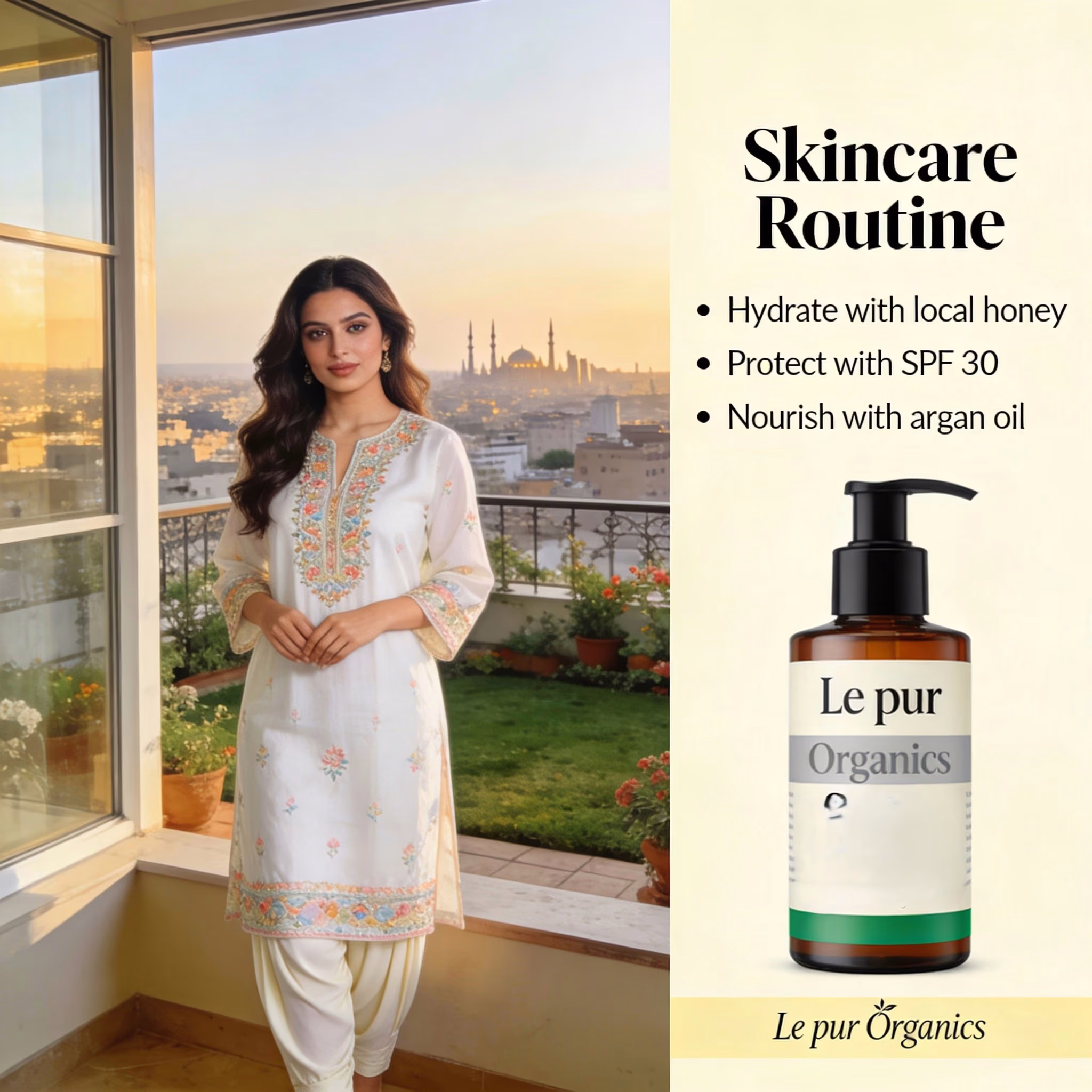 Confident Pakistani model on a Gwadar garden terrace with glowing balanced skin for organic pigmentation care.