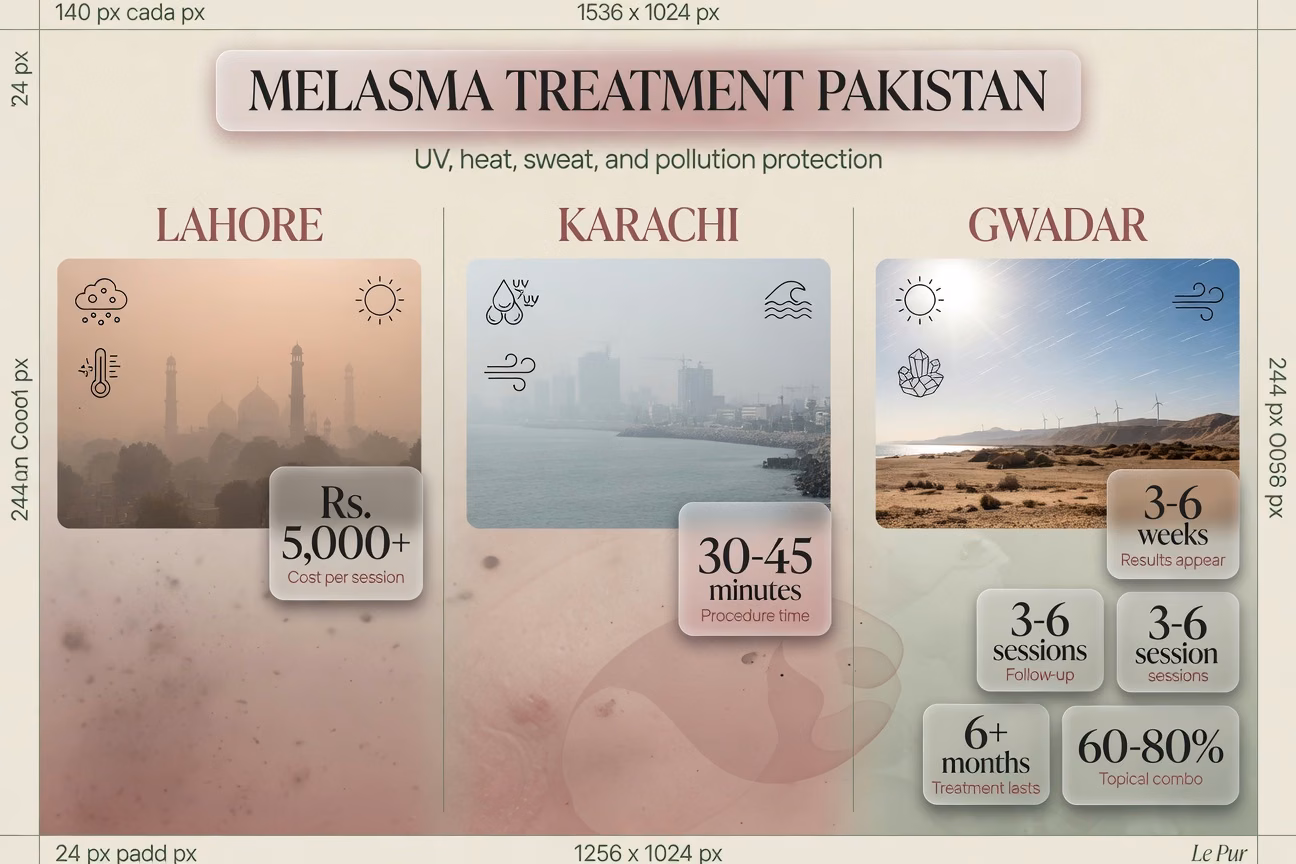 Melasma treatment Pakistan infographic with costs, sessions, and results