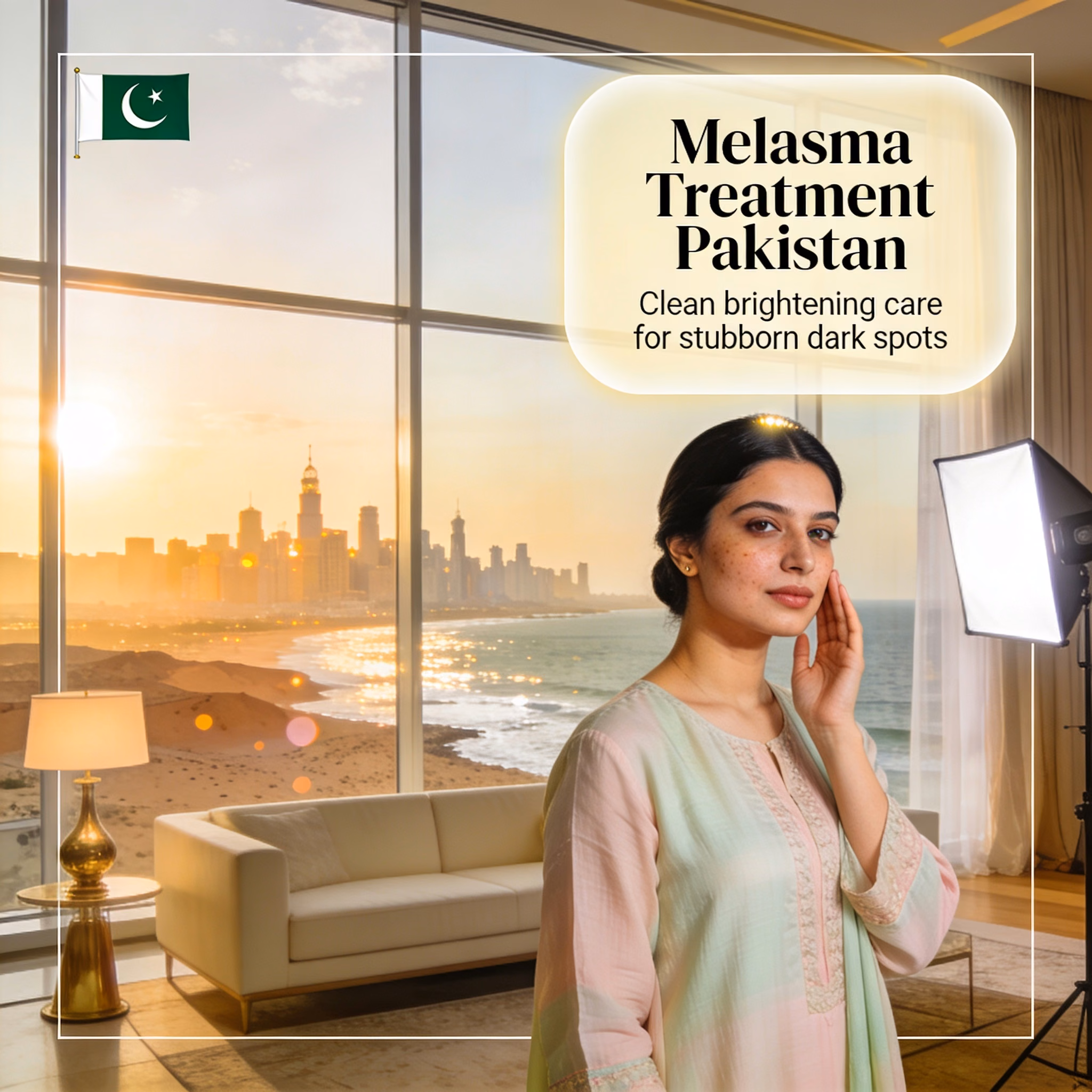 Pakistani woman in a Gwadar penthouse setting, worried about stubborn dark spots and pigmentation.