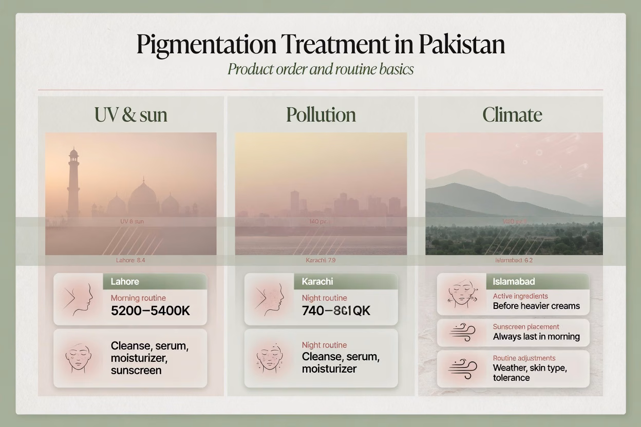 Pigmentation treatment in Pakistan infographic with daily routine steps and skincare order