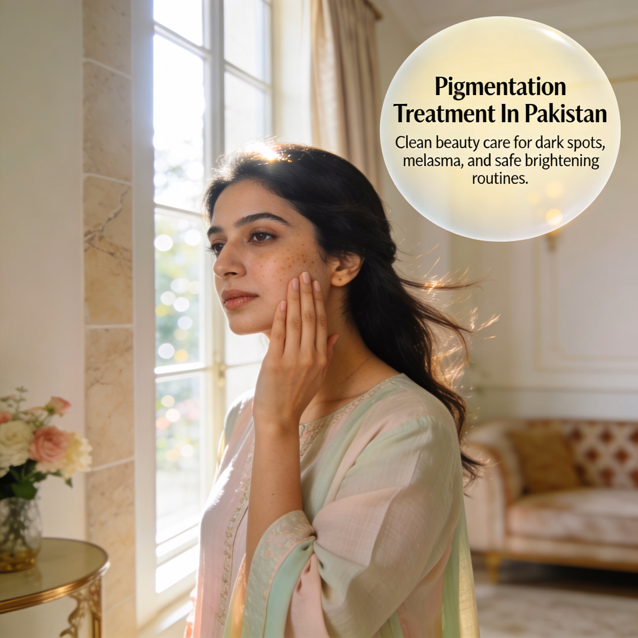 Pakistani woman in a Gwadar home with dark spots and concern from sunlit pigmentation.