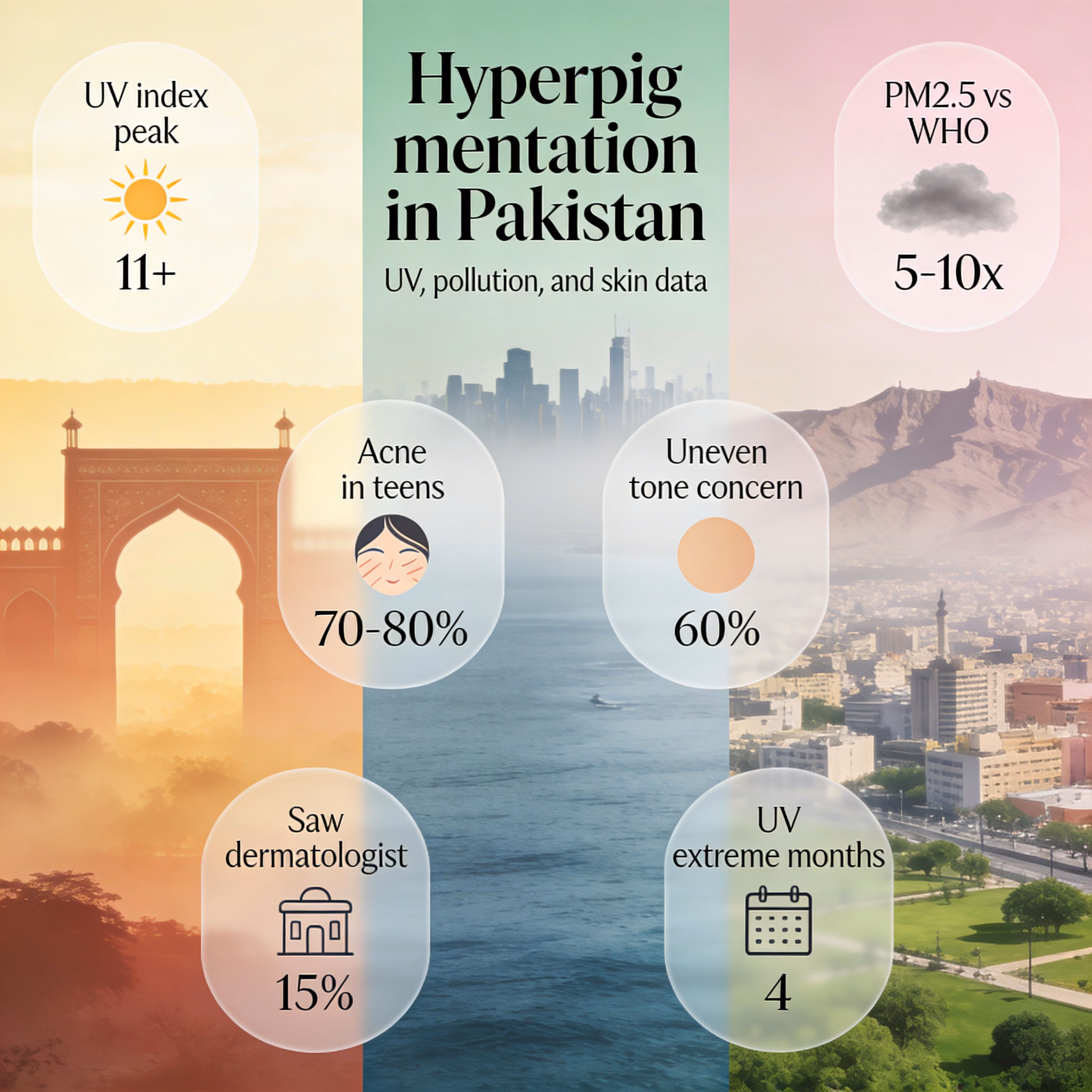 Hyperpigmentation treatment Pakistan infographic showing UV pollution skin data across Lahore Karachi Islamabad