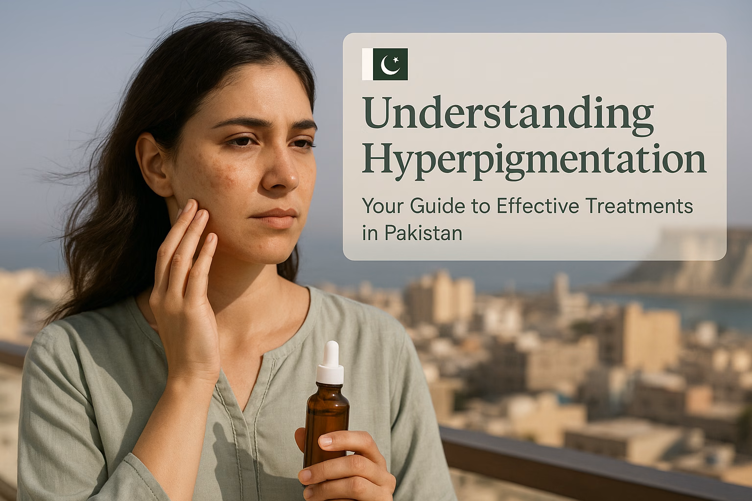 Pakistani woman contemplating hyperpigmentation treatment in Gwadar skyline.