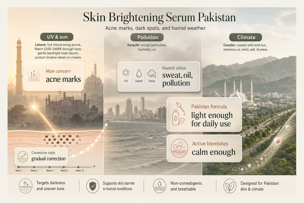 Skin brightening serum Pakistan infographic for acne marks and dark spots