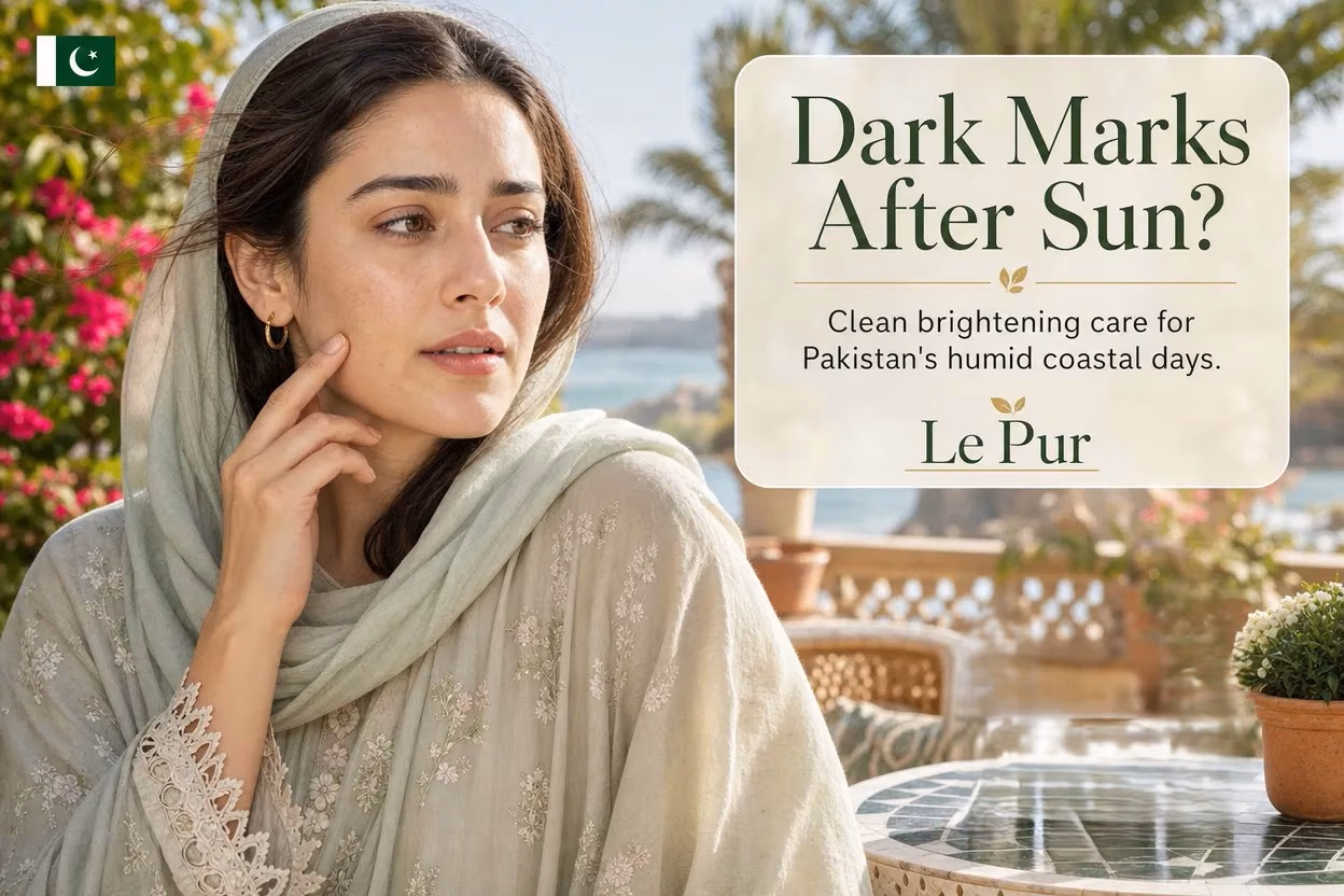 Pakistani woman on a Gwadar garden terrace noticing dark marks in coastal sun