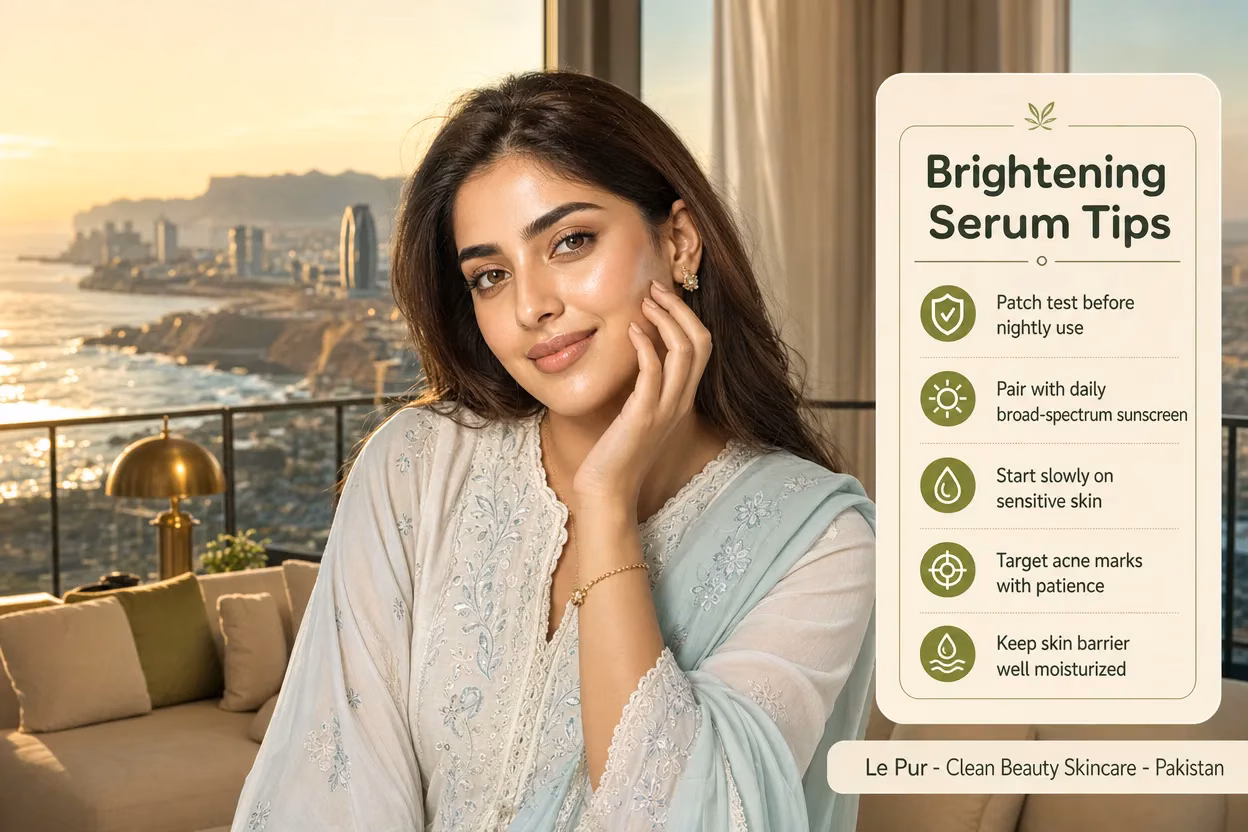 Woman glowing in a Gwadar penthouse skincare scene about brightening serum for dark marks - skin brightening serum pakistan