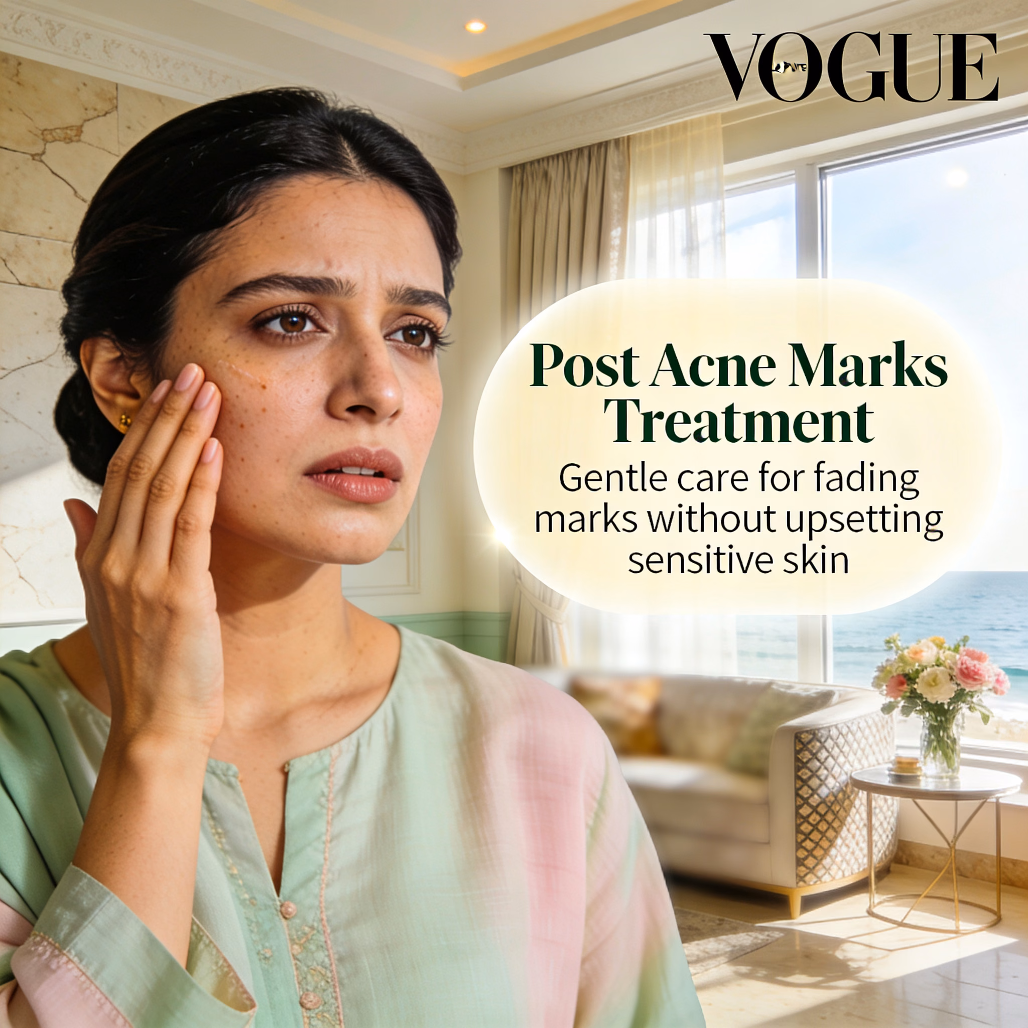 Pakistani woman in Karachi home interior worried about post-acne marks near a vanity.