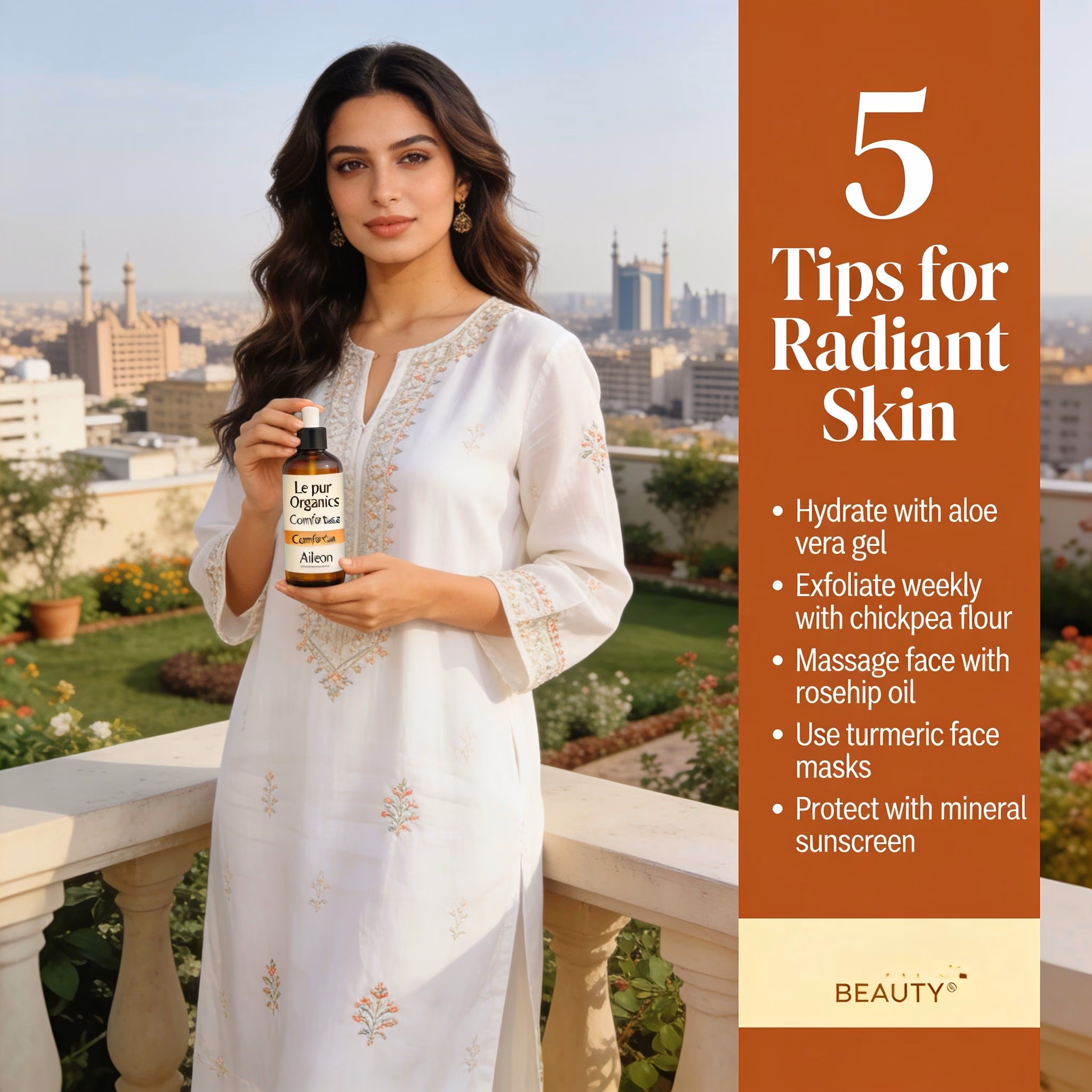 Pakistani model on a Karachi garden terrace with glowing skin, representing a post acne marks treatment routine.