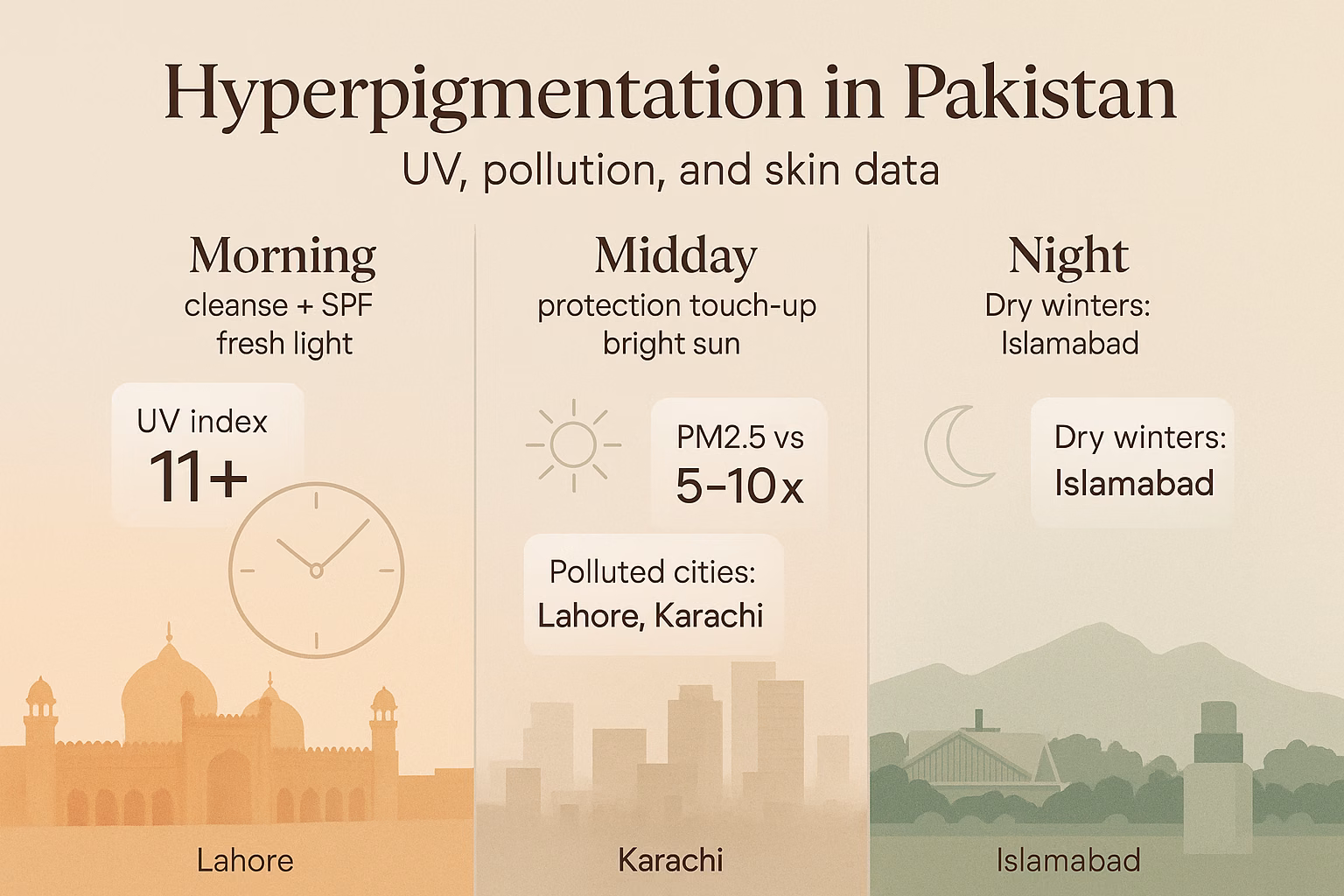 Hyperpigmentation treatment Pakistan infographic showcasing UV and pollution data.